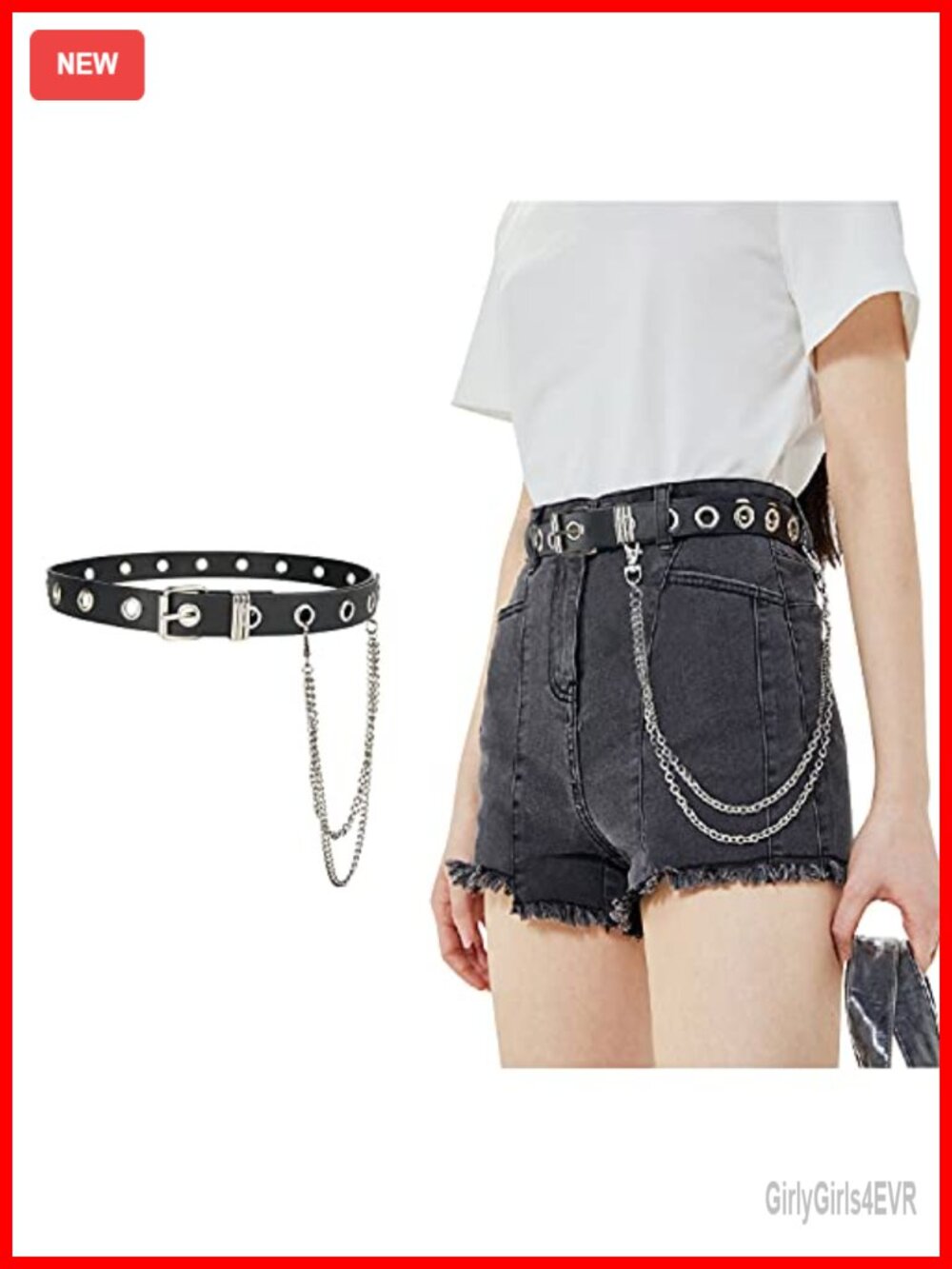 Grommet PU Leather Belt with Detachable Chain Punk Rock Waist Belt